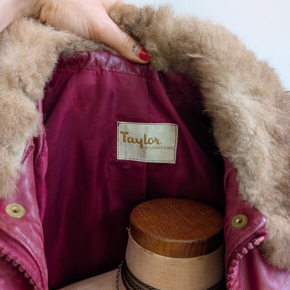 Vintage Red Leather Jacket Penny Lane Fur Trim Coat Grunge Boho Bomber Medium - Picture 10 of 12